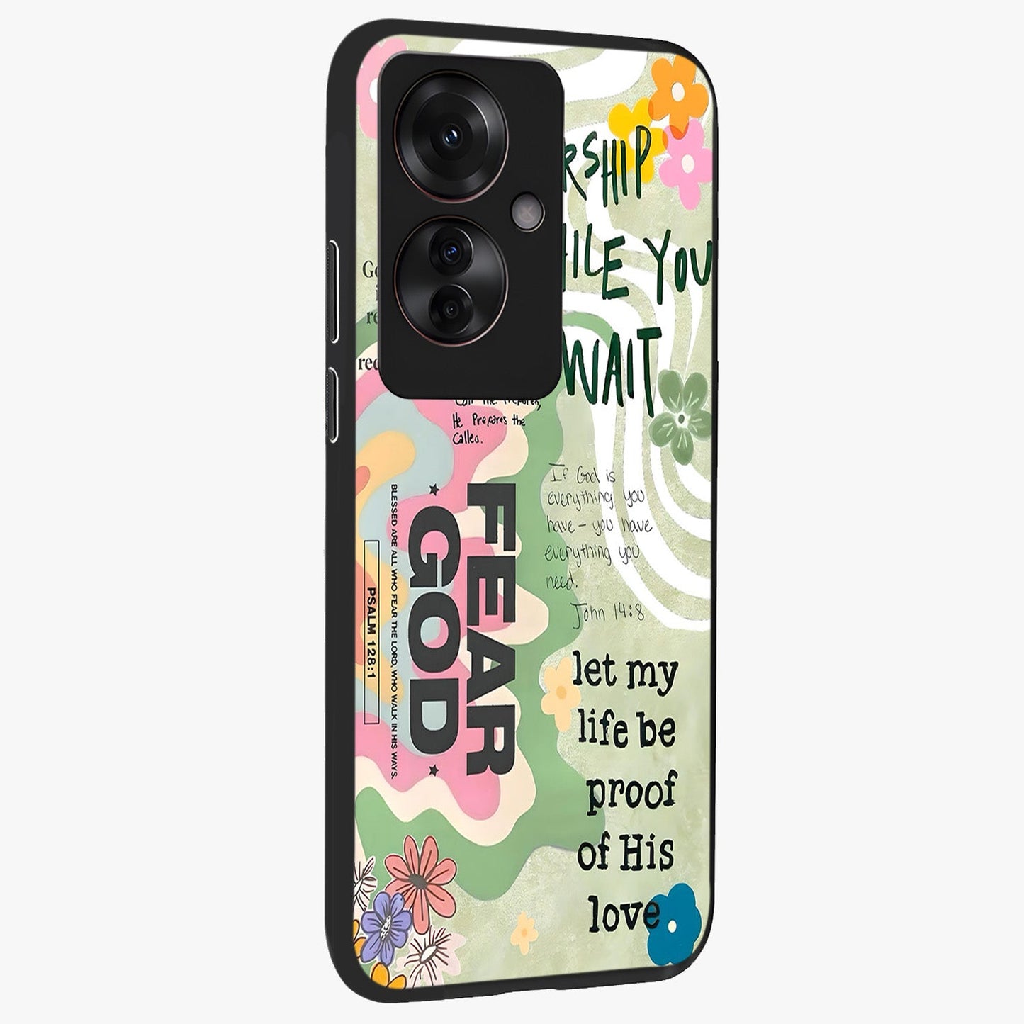 Faith Over Fear Glass Case upright view showcasing bold typography artwork with uplifting motivational theme.