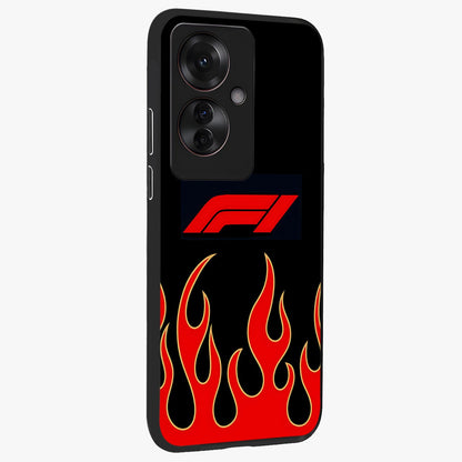 Fire F11 Glass Case upright view showcasing dynamic flame artwork with intense visual theme.
