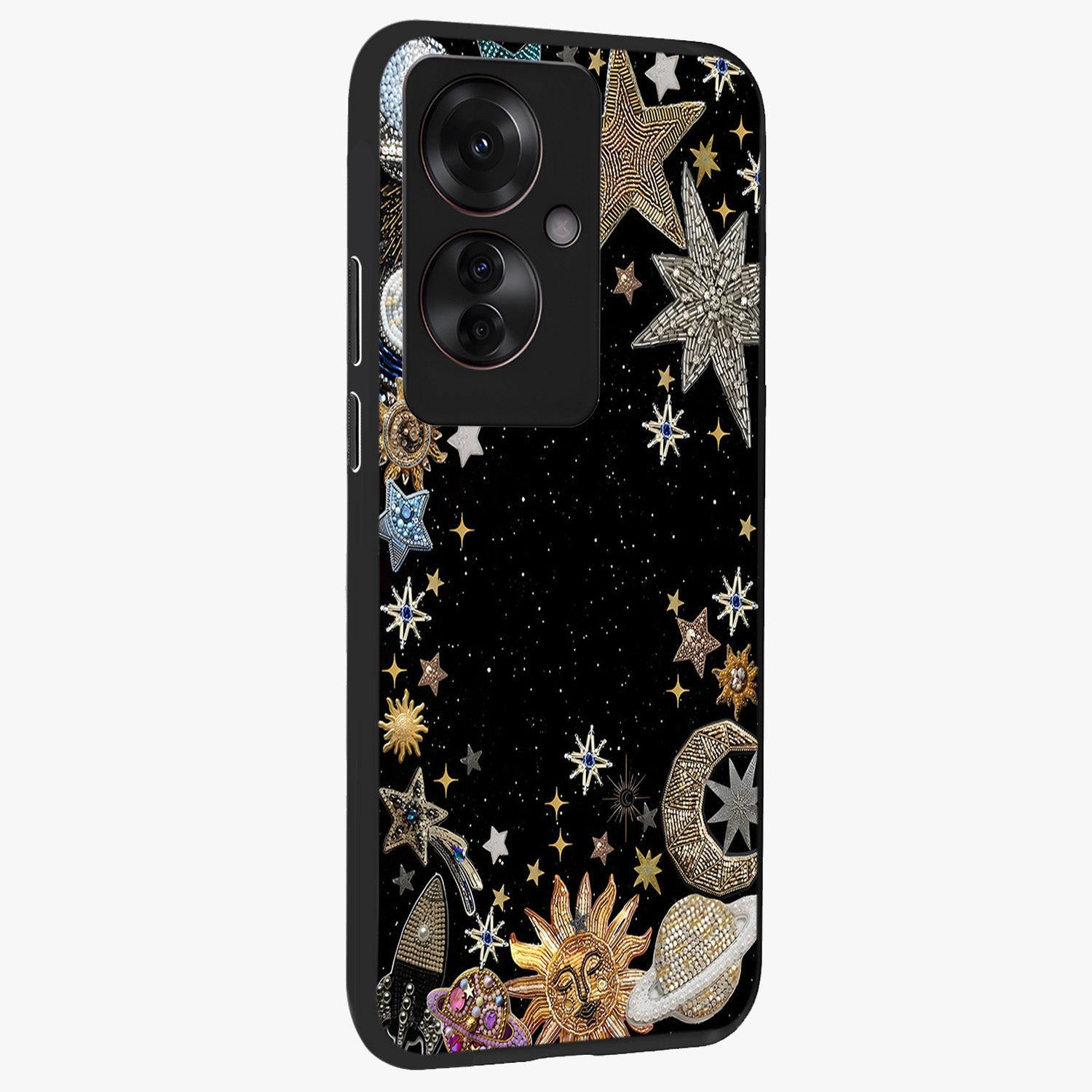 Galactic Jewel Stars Glass Case upright view showcasing glittering star jewel artwork with vibrant galaxy theme.