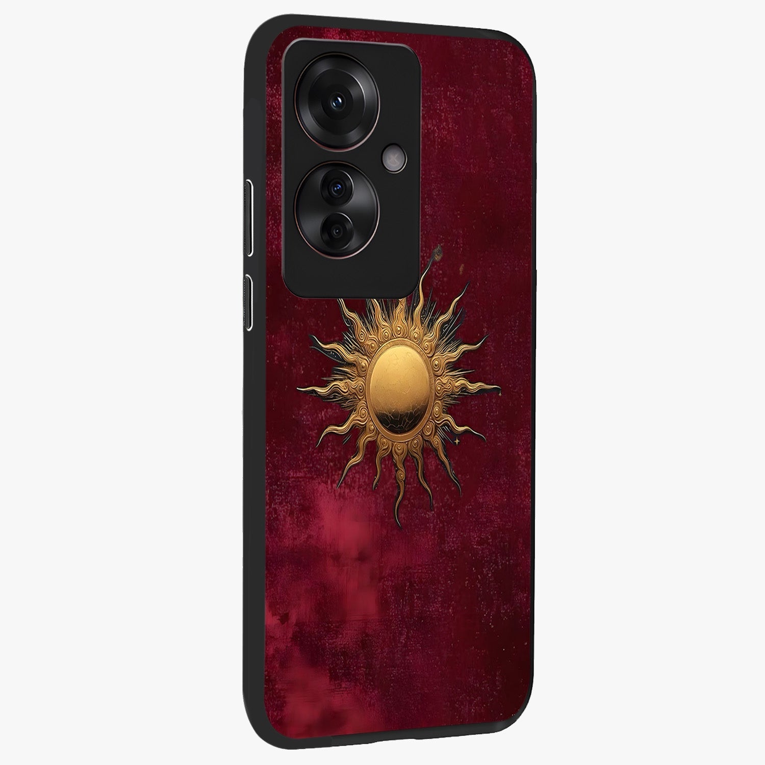 Golden Sun Minimalism Glass Case upright view showcasing simple golden sun artwork with elegant minimalist style.