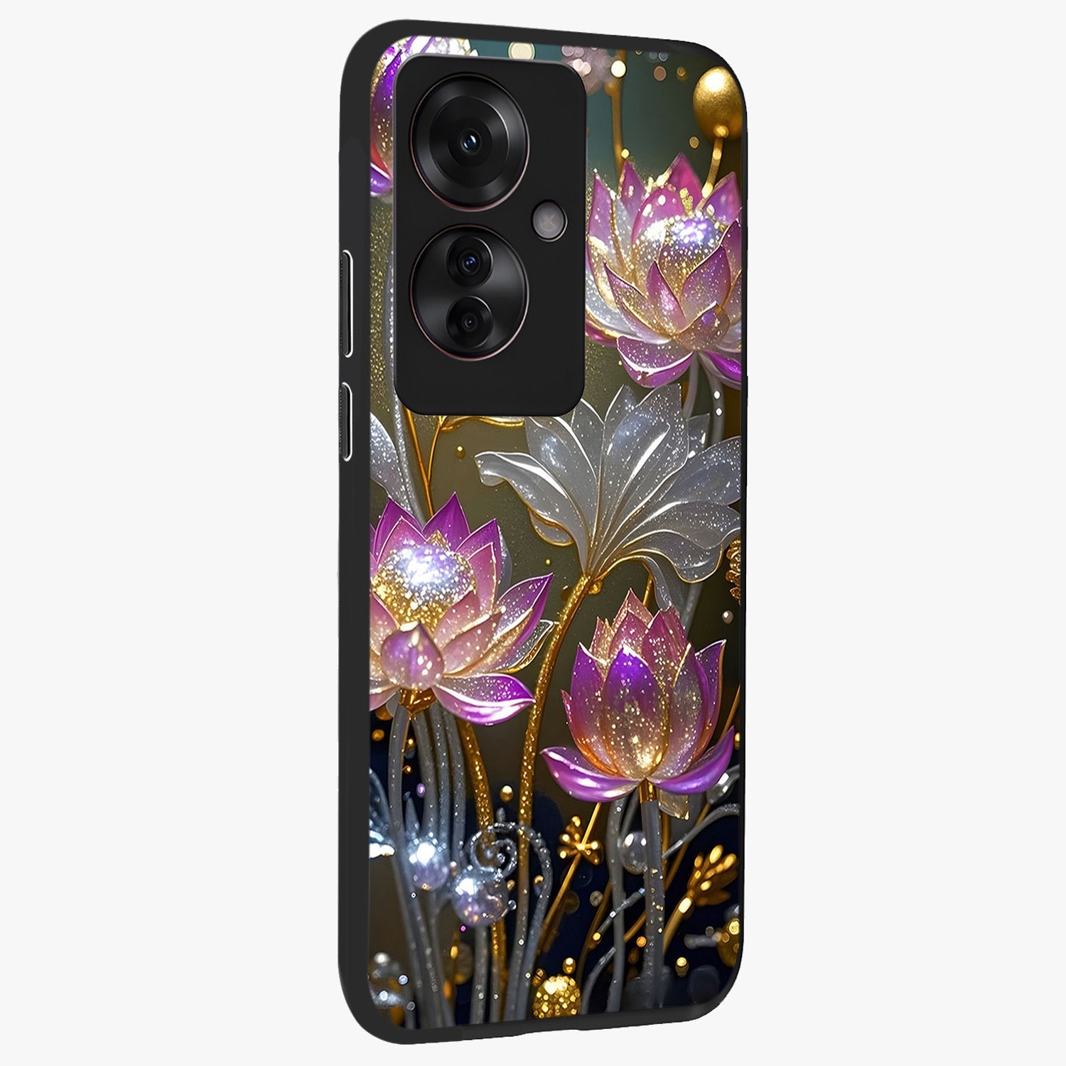 Golden Floral Majesty Glass Case upright view showcasing majestic floral artwork with rich decorative theme.
