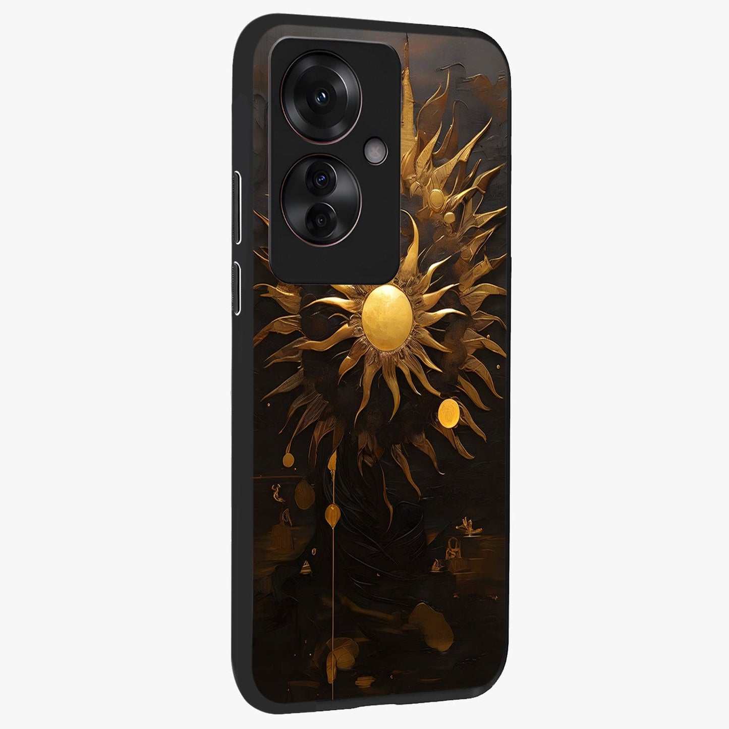 Golden Sun Majesty Glass Case upright view showcasing haunting graveyard artwork with dramatic dark theme.