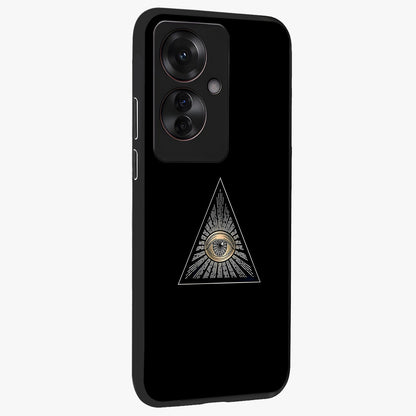 Illuminati Evil Glass Case upright view showcasing striking illuminati artwork with mysterious symbolic theme.