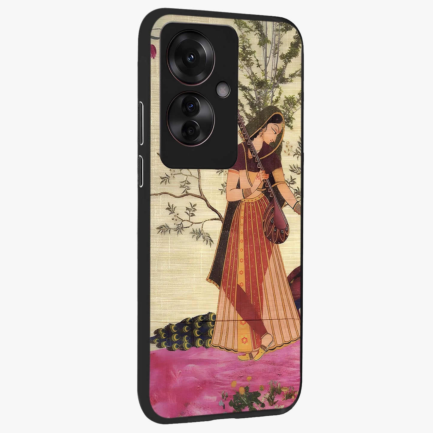 Lady With Veena Art Glass Case upright view showcasing classical veena artwork with traditional artistic theme.
