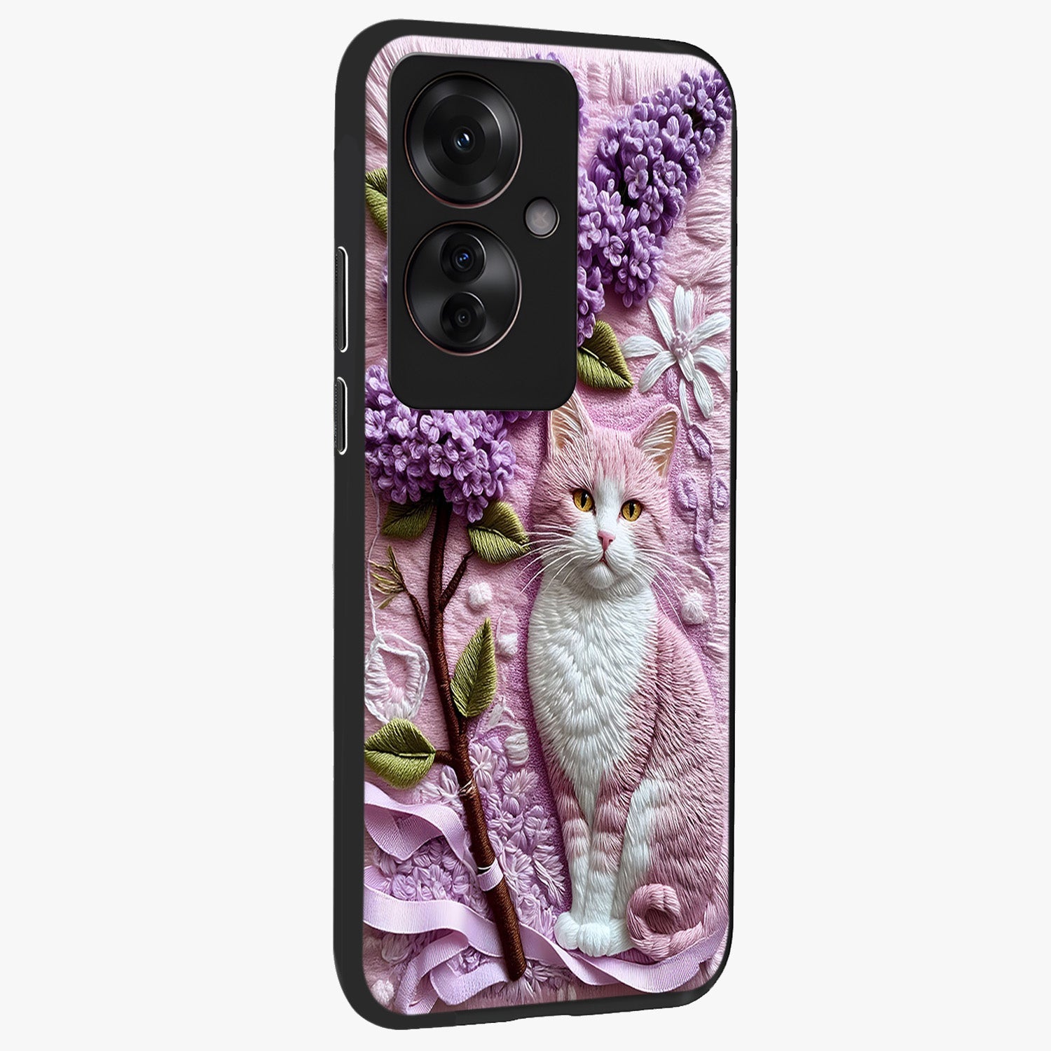 Lavender Cat Whimsy Glass Case upright view showcasing charming cat artwork with whimsical lavender theme.