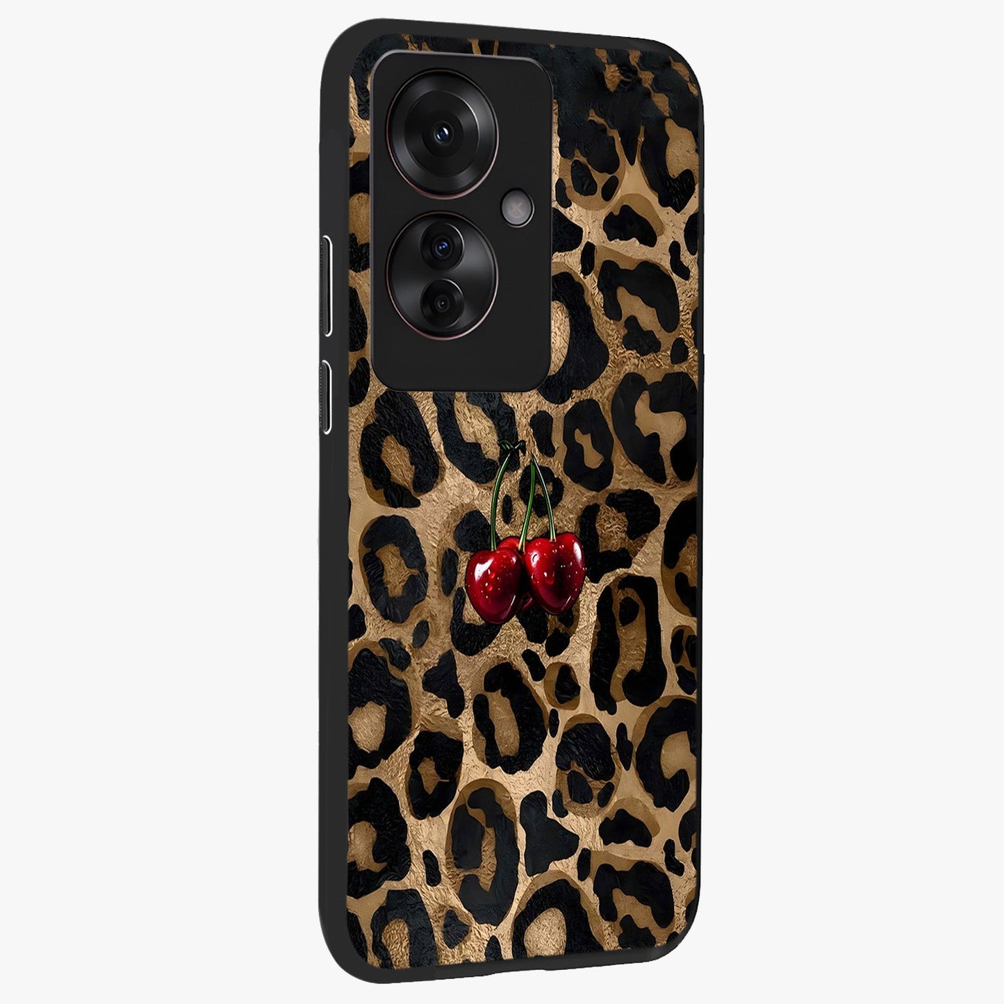 Leopard Wild Cherry Glass Case upright view showcasing stylish leopard pattern artwork with trendy fashion theme.