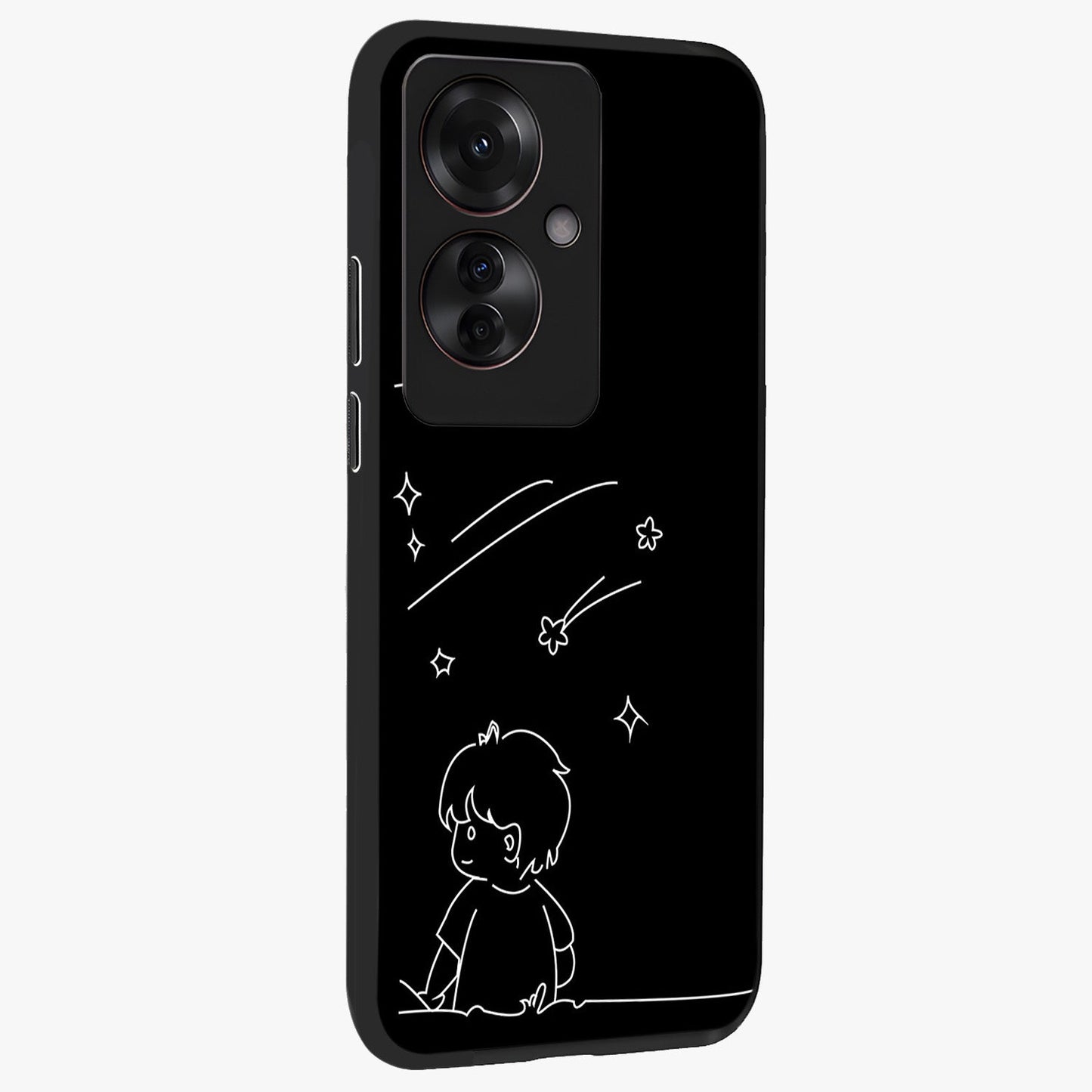 Line Art Boy With Shooting Stars Glass Case upright view showcasing artistic shooting star illustration with minimal style.