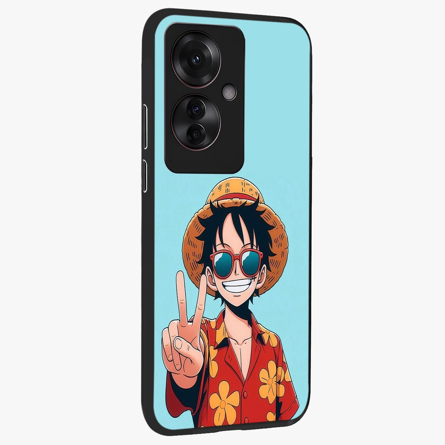 Luffy Summer Anime Vibe Glass Case upright view showcasing dynamic anime artwork with bright adventurous theme.
