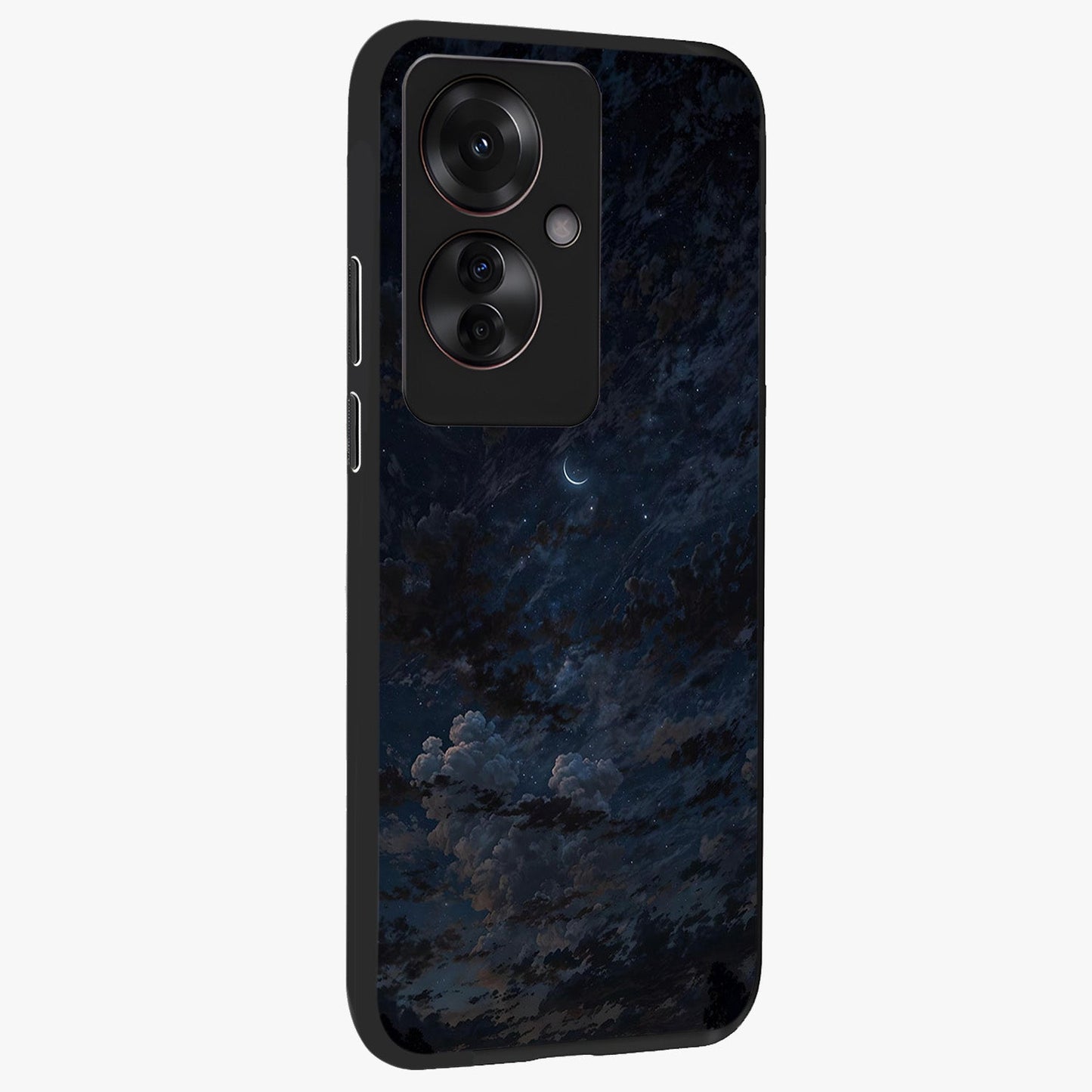 Lunar Veil Silence Glass Case upright view showcasing calm moon themed artwork with serene night atmosphere.
