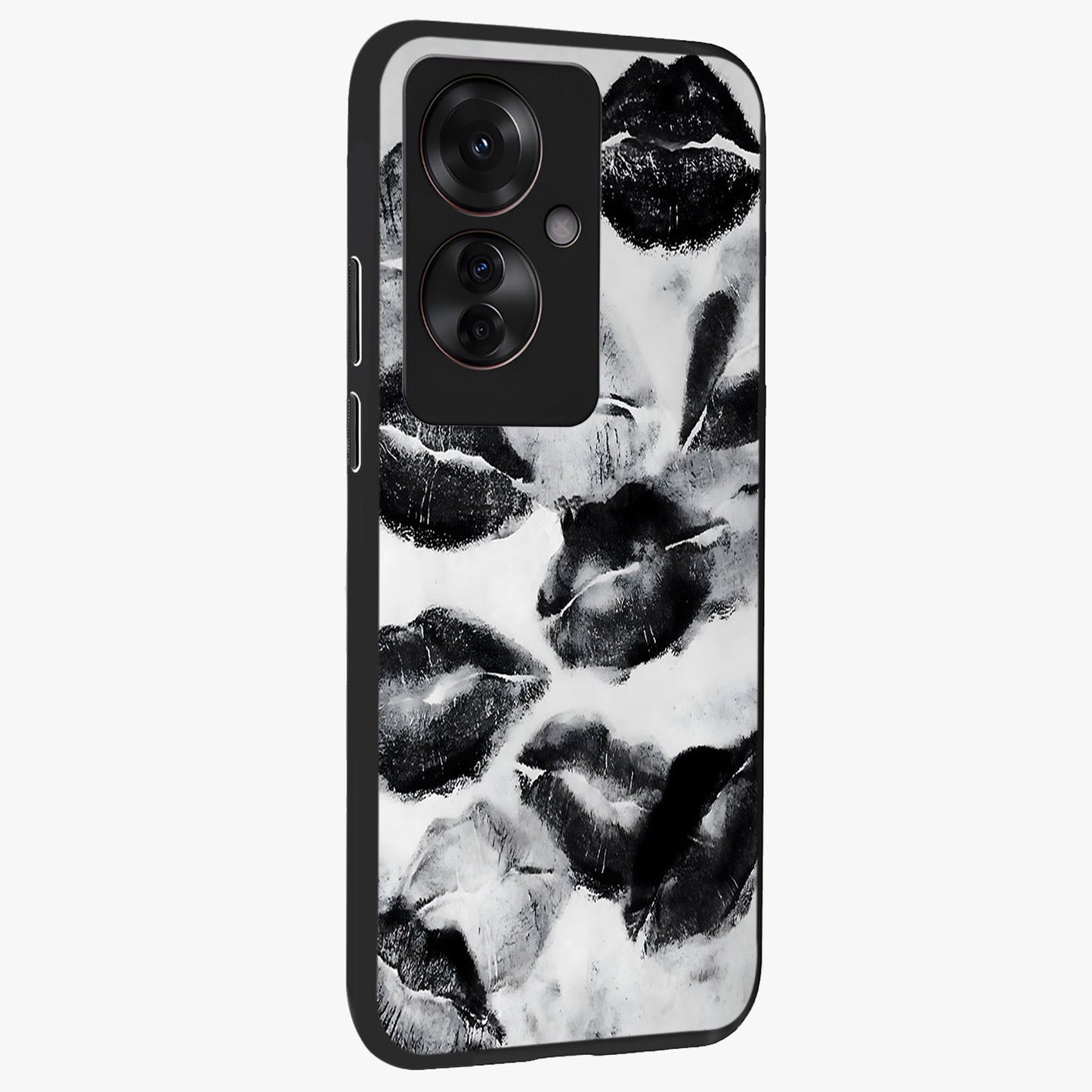 Midnight Kiss Marks Glass Case upright view showcasing stylish kiss mark artwork with trendy romantic theme.