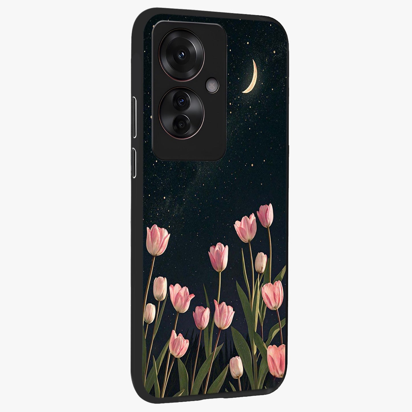 Midnight Tulip Whispers Vibe Glass Case upright view showcasing graceful tulip artwork with calm botanical theme.