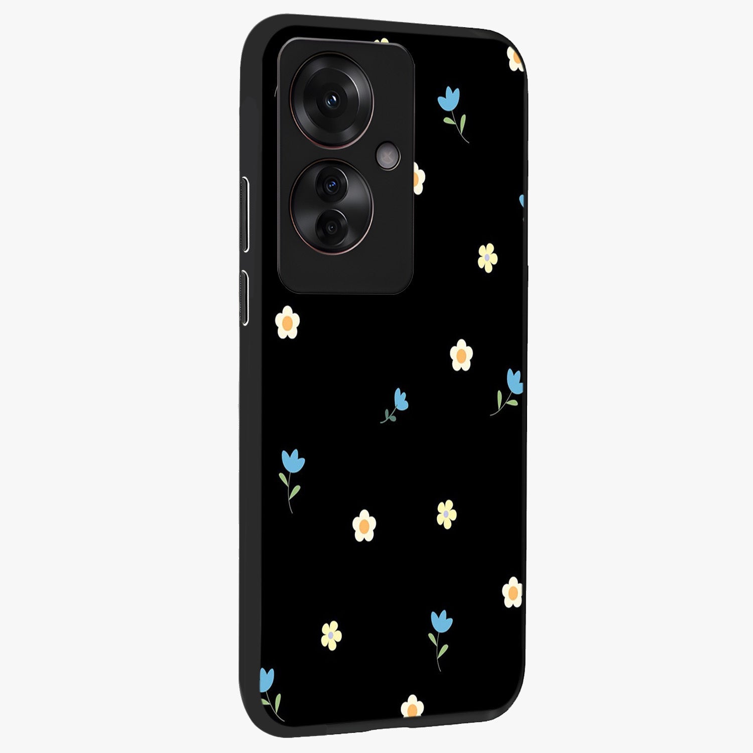 Minimal Petal Whispers Glass Case upright view showcasing elegant floral artwork with modern minimalist style.