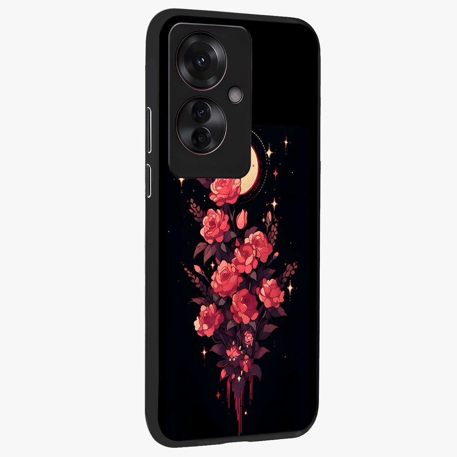 Moonlit Floral Elegance Glass Case upright view showcasing delicate floral artwork with refined night inspired theme.