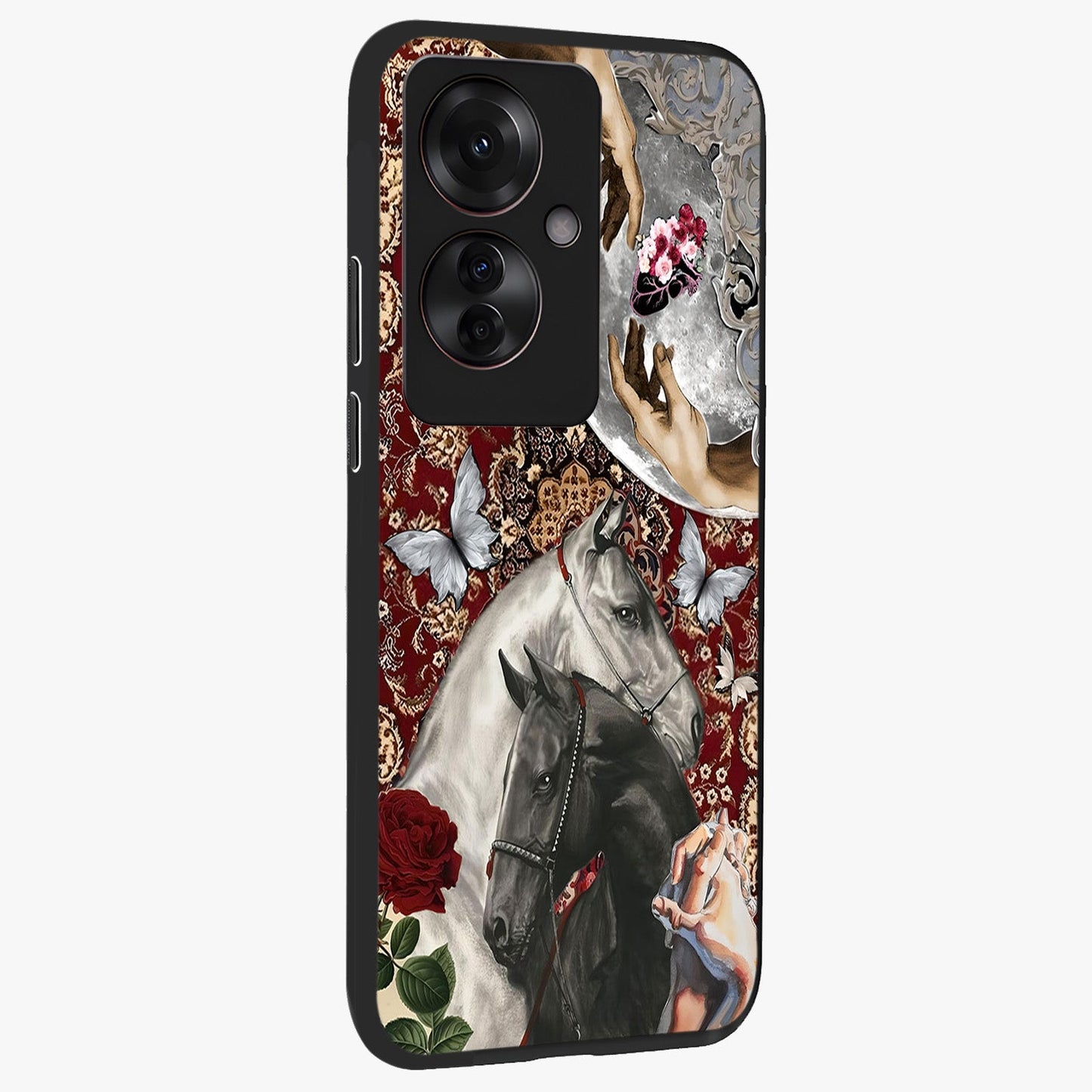 Moonlit Royal Stallion Glass Case upright view showcasing dramatic horse artwork with glowing moon themed design.
