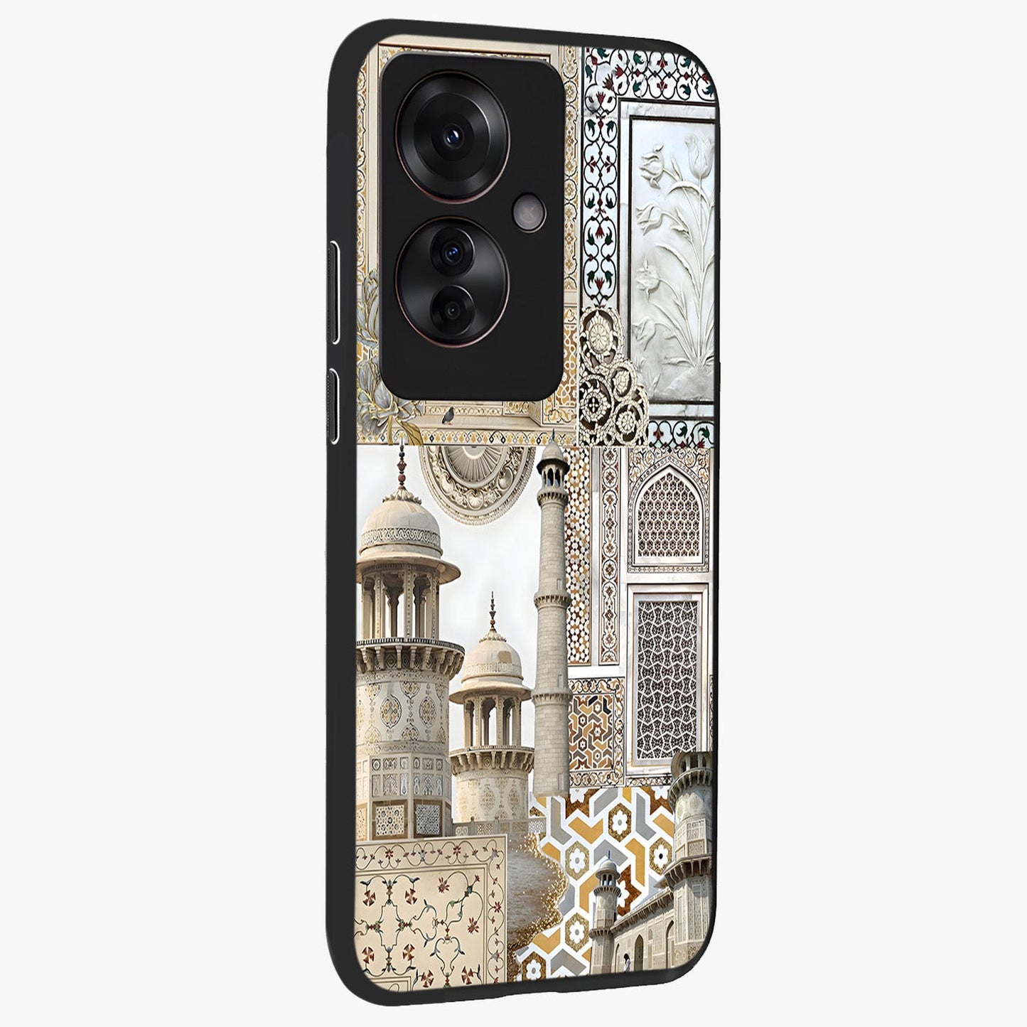 Mughal Marble Legacy Glass Case upright view showcasing ornate Mughal design with luxurious traditional theme.