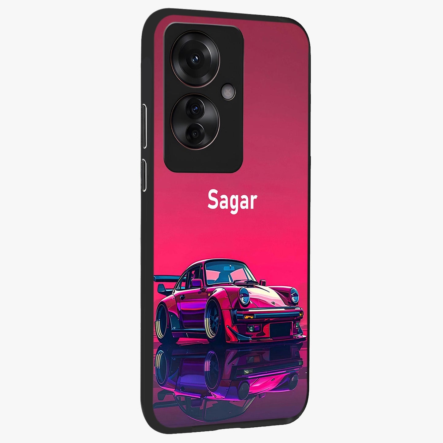 Neon Pink Porsche Glass Case upright view showcasing vibrant sports car artwork with bold automotive theme.