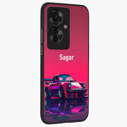 Neon Pink Porsche Glass Case upright view showcasing vibrant sports car artwork with bold automotive theme.