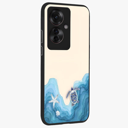 Ocean Drift Turtle Glass Case upright view showcasing calm underwater turtle artwork with nature inspired theme.