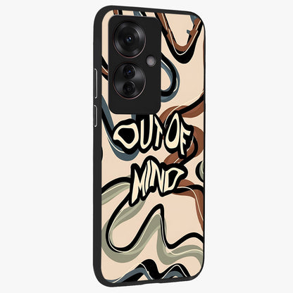Out Of Mind Glass Case upright view showcasing striking typography artwork with edgy conceptual theme.