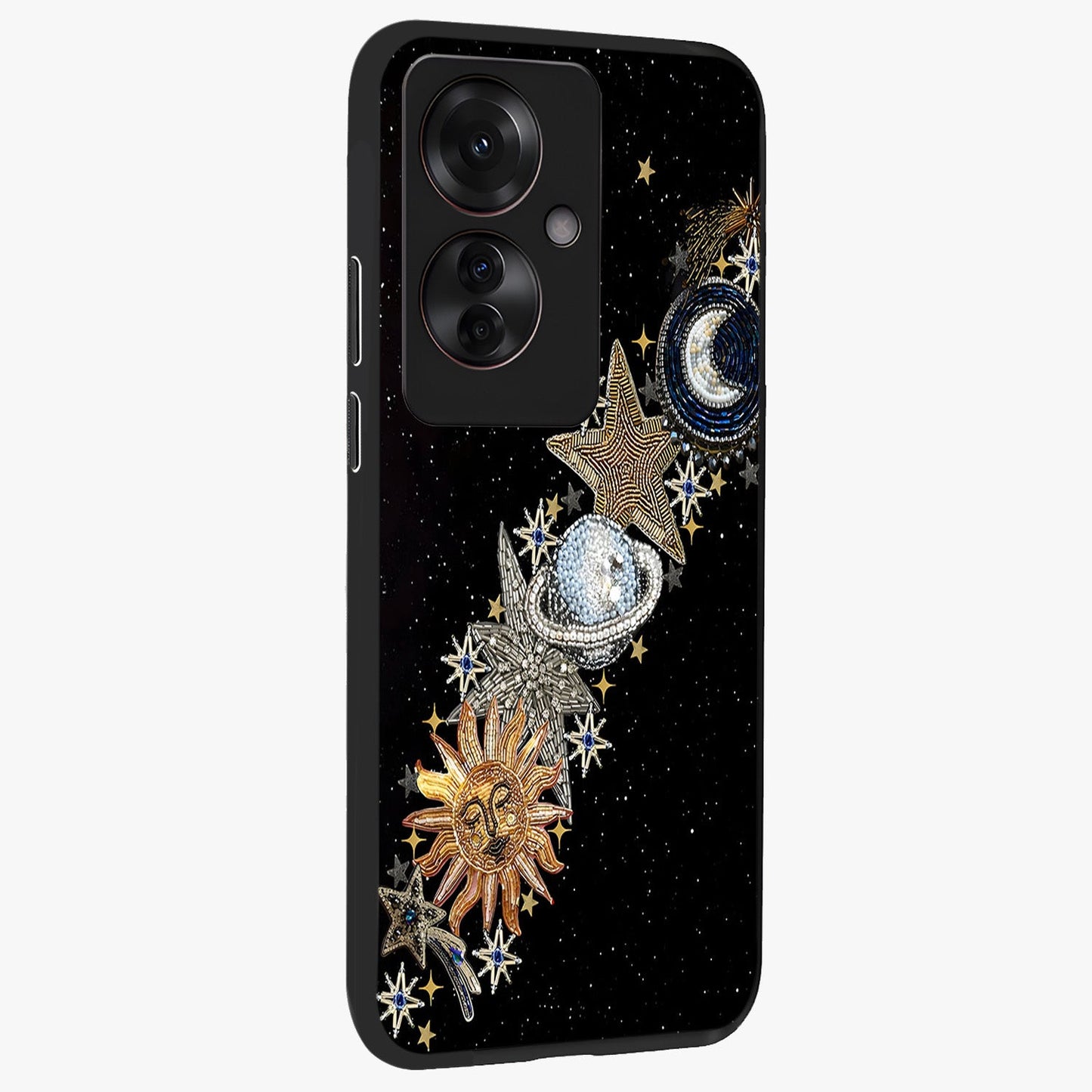 Pearls Universe Object Glass Case upright view showcasing decorative pearl themed artwork with cosmic elegance.