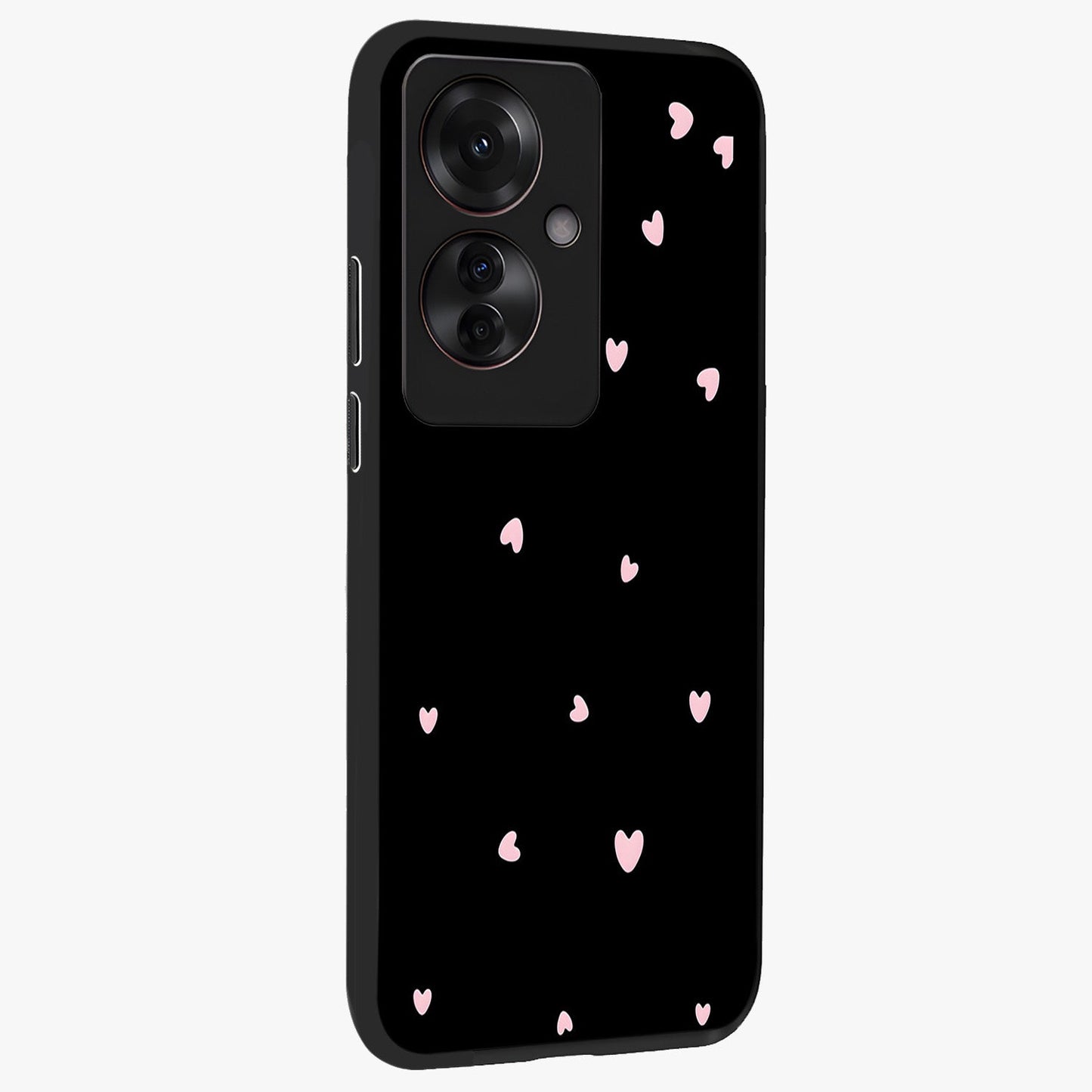 Pink Love Drops Glass Case upright view showcasing charming heart drop artwork with romantic playful theme.