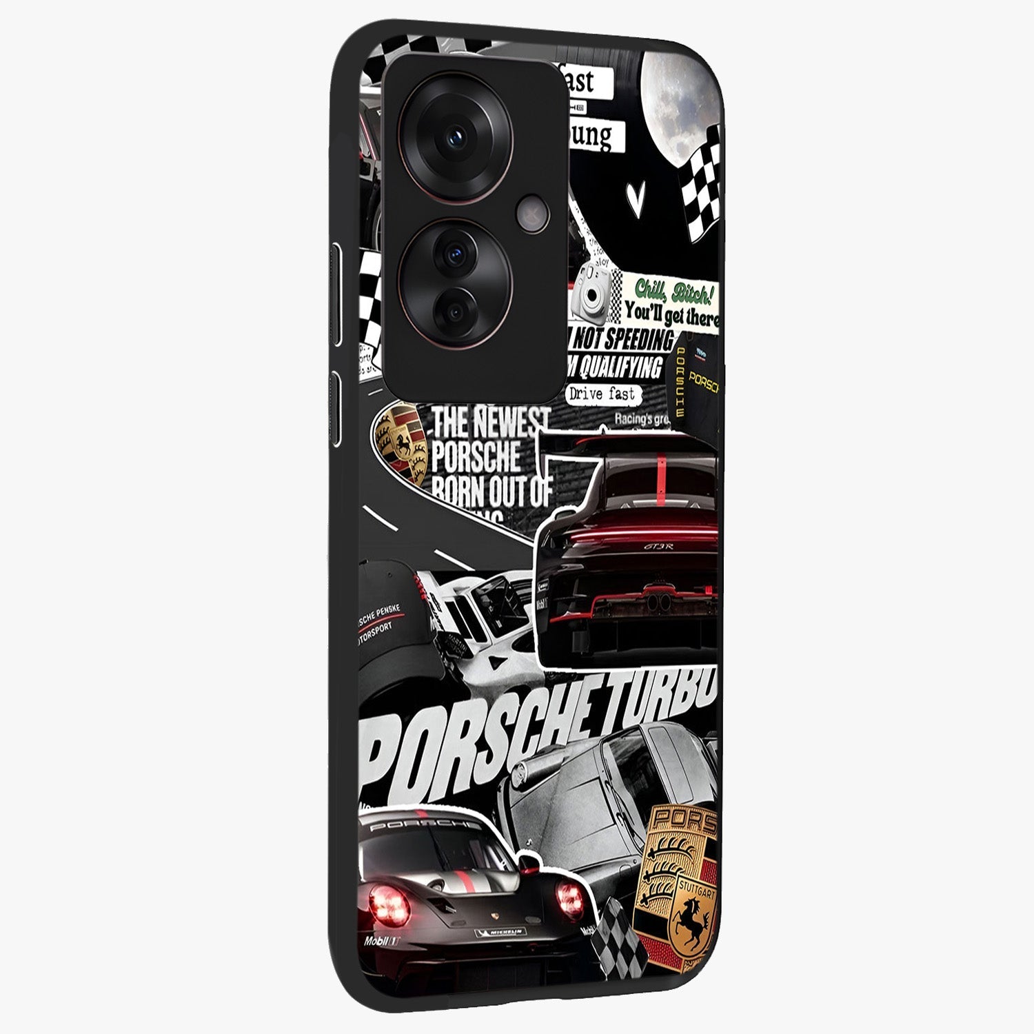 Porsche Racing Collage Glass Case upright view showcasing energetic car collage artwork with high speed racing theme.