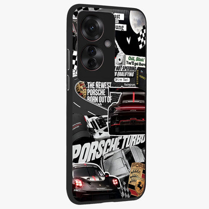 Porsche Racing Collage Glass Case upright view showcasing energetic car collage artwork with high speed racing theme.