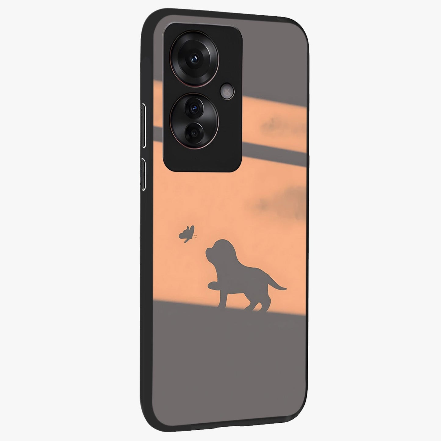Puppy Shadow Art Glass Case upright view showcasing charming puppy artwork with creative silhouette theme.
