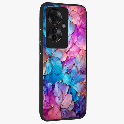 Radiant Floral Whirl Glass Case upright view showcasing lively floral artwork with decorative swirl theme.