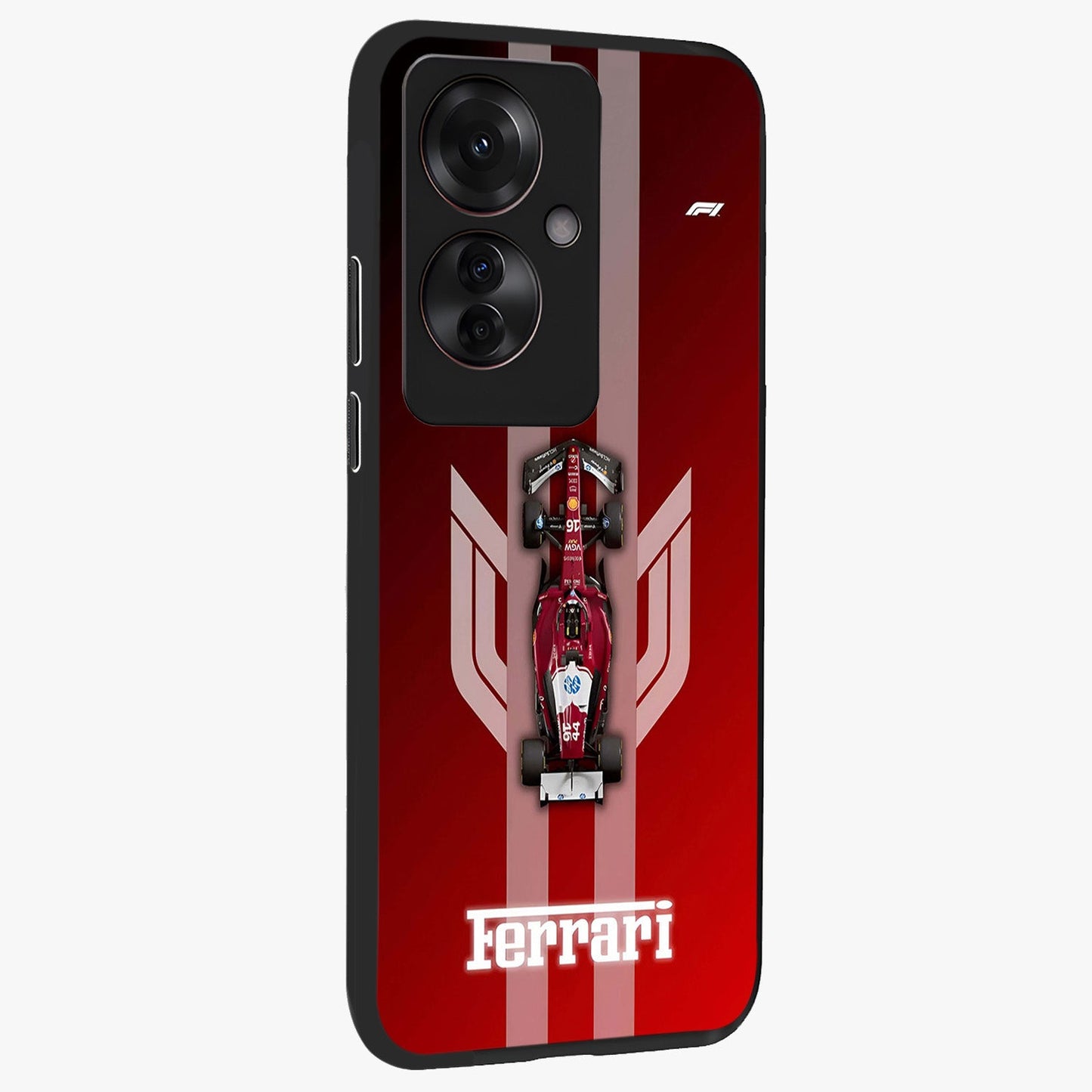 Red Ferrari F1 Vertical Glass Case upright view showcasing powerful Formula car artwork with dynamic motorsport theme.