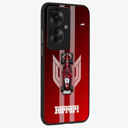 Red Ferrari F1 Vertical Glass Case upright view showcasing powerful Formula car artwork with dynamic motorsport theme.