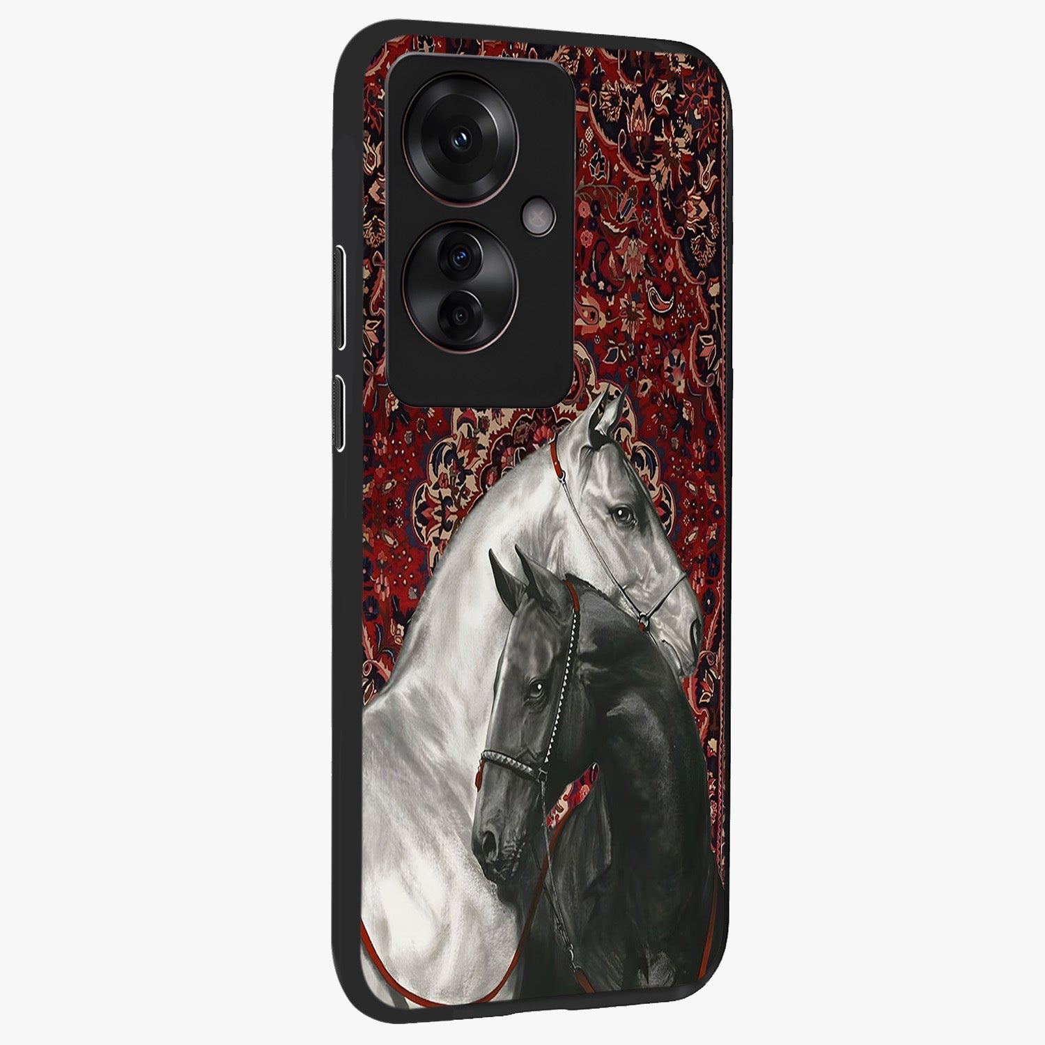 Regal Stallion Tapestry Glass Case upright view showcasing powerful horse artwork with elegant tapestry theme.