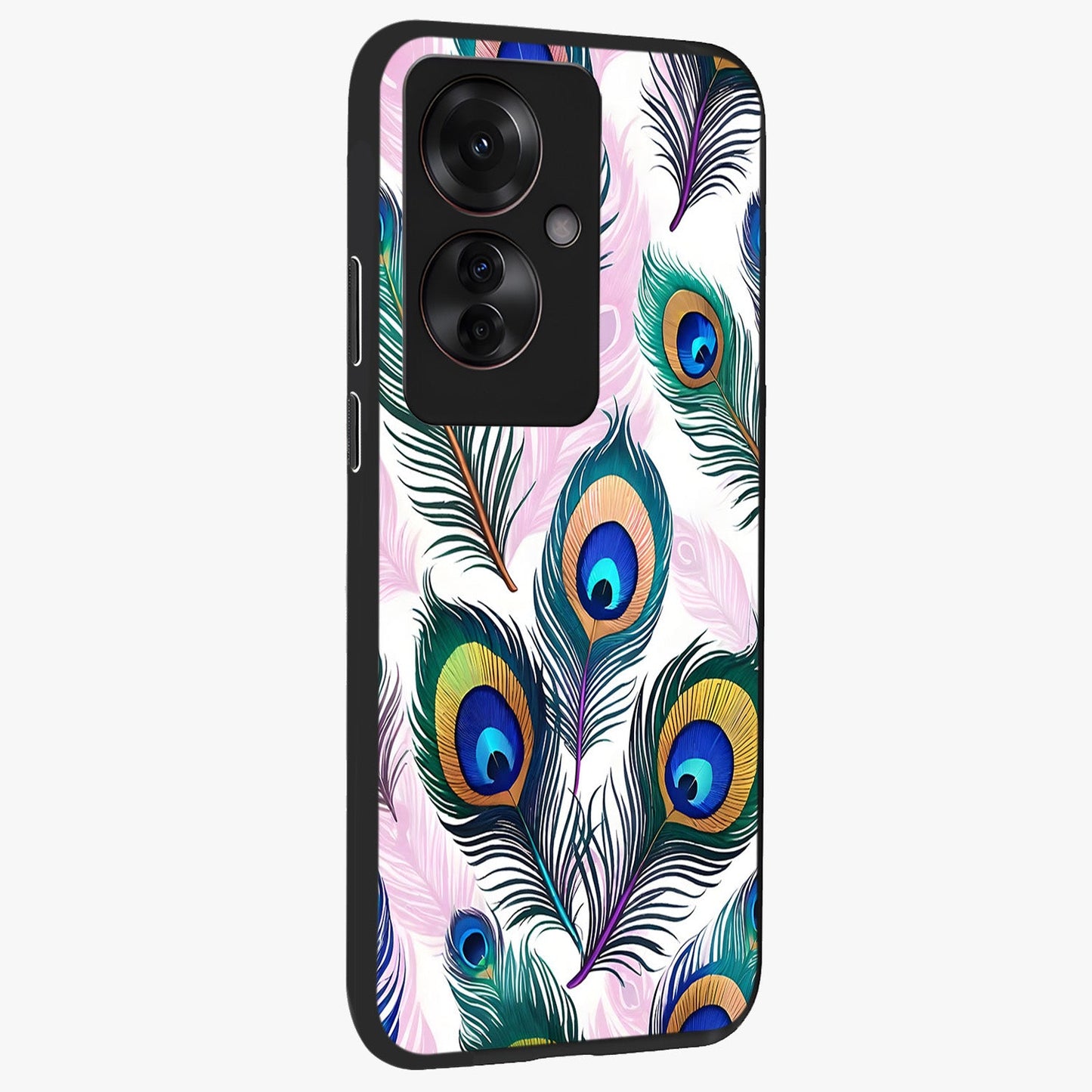 Royal Peacock Feathers Glass Case upright view showcasing elegant peacock feather artwork with decorative royal theme.