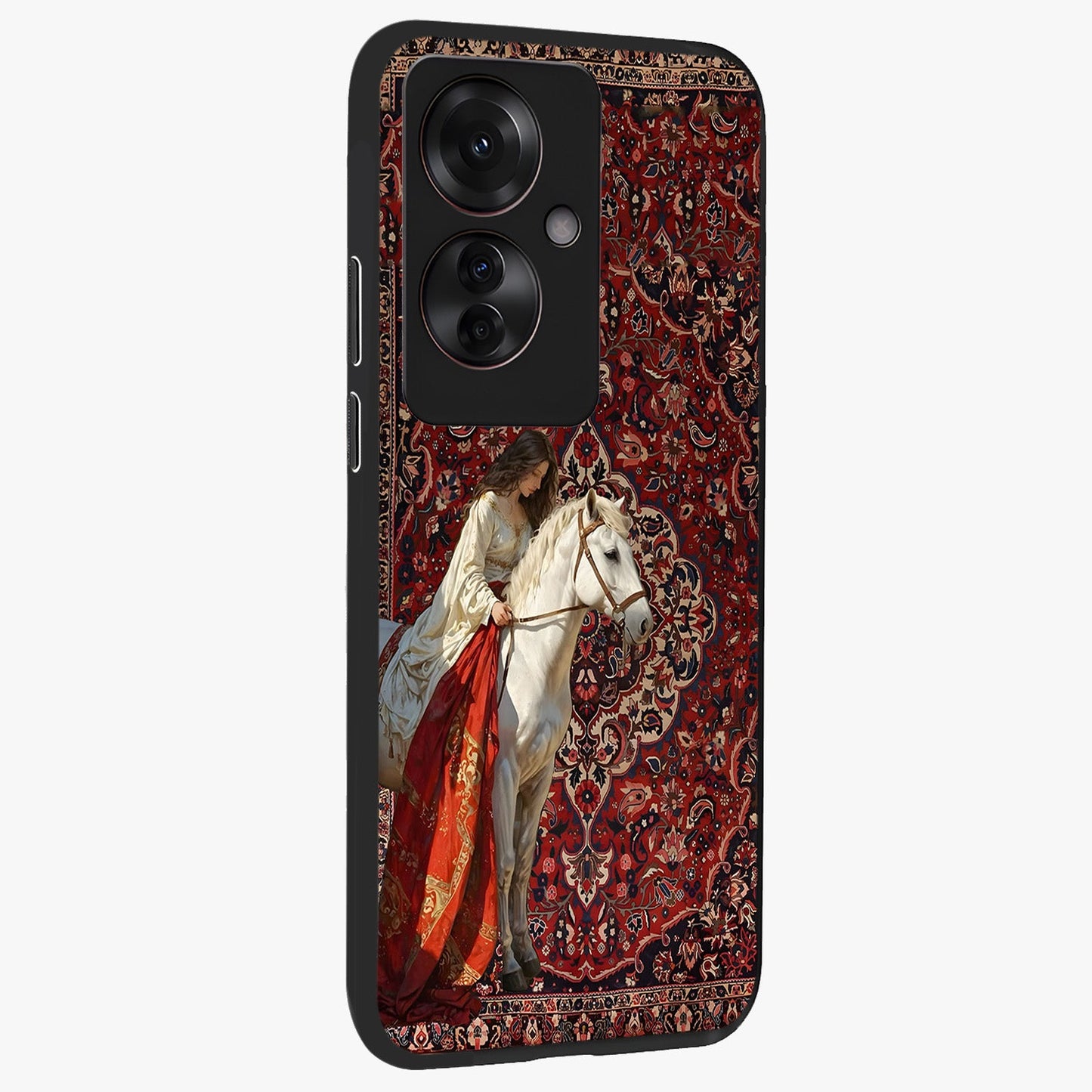Royal Rider Tapestry Glass Case upright view showcasing detailed rider artwork with classic tapestry theme.