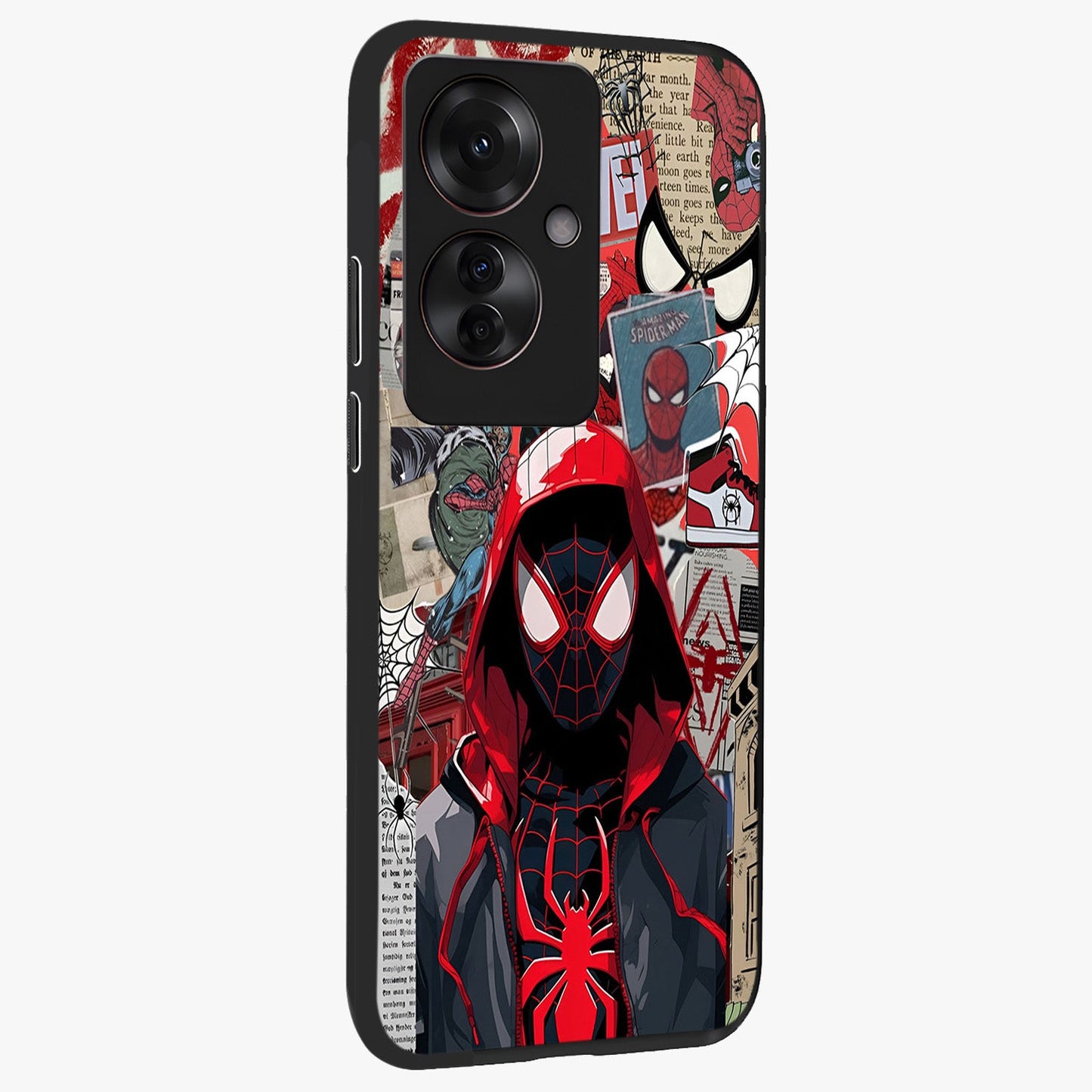 Spider Collage Street Glass Case upright view showcasing bold superhero artwork with urban street theme.
