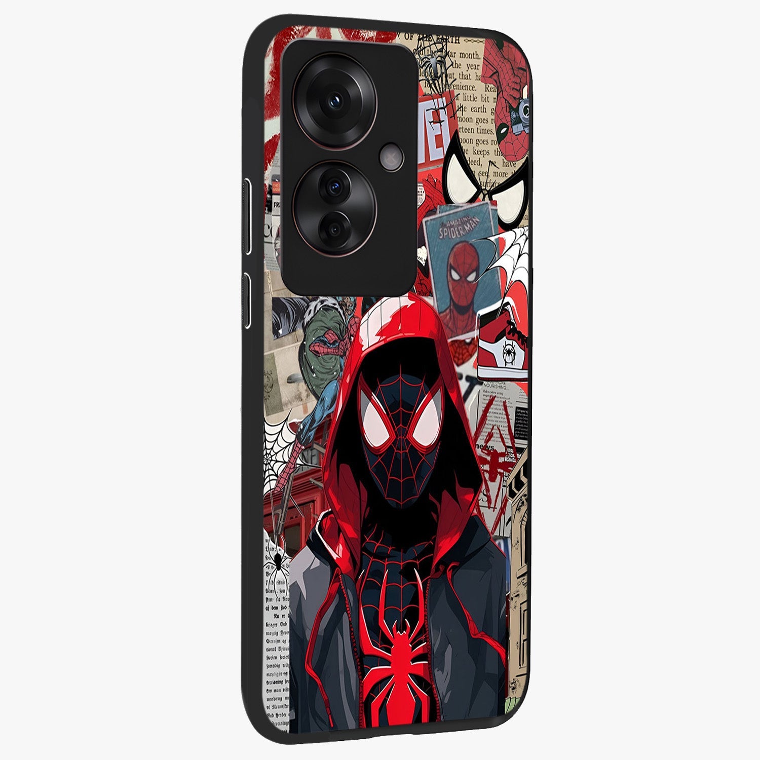 Spider Collage Street Glass Case upright view showcasing bold superhero artwork with urban street theme.