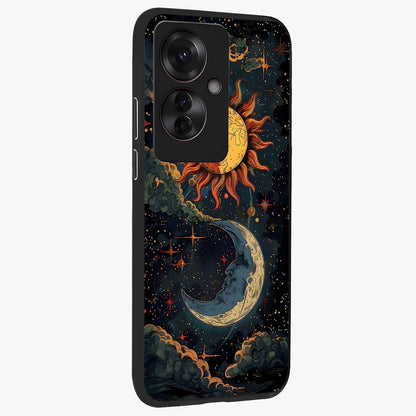 Sun And Moon Magic Design Glass Case upright view showcasing decorative sun and moon artwork with spiritual celestial theme.