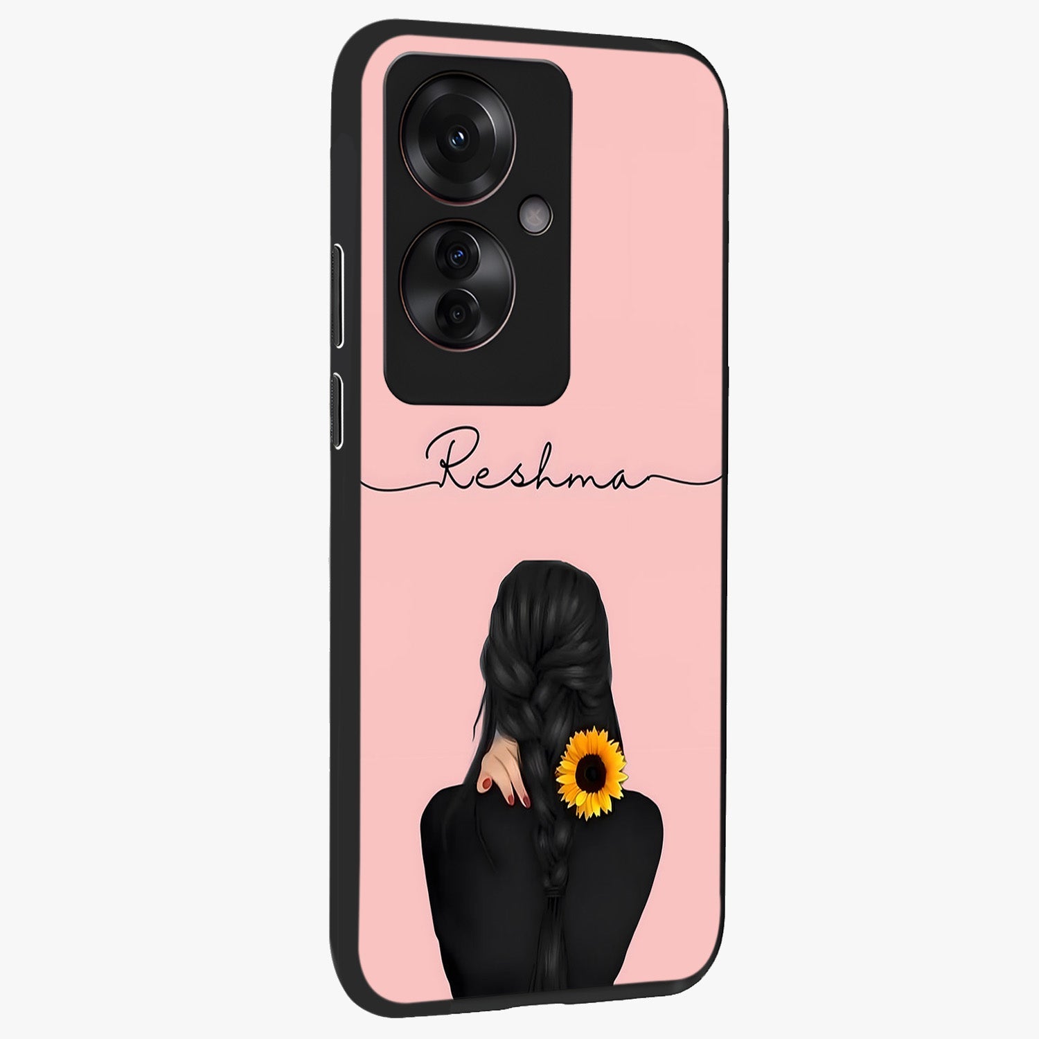 Sunflower Braid Beauty With Custom Name Glass Case upright view showcasing bright sunflower artwork with personalized floral aesthetic.