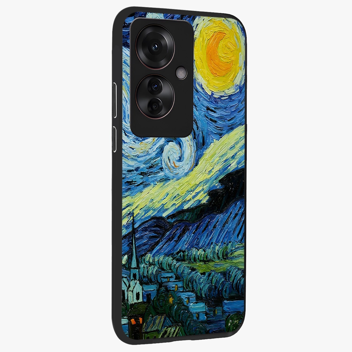 Van Gogh Art Glass Case upright view showcasing expressive painting style artwork with timeless artistic theme.