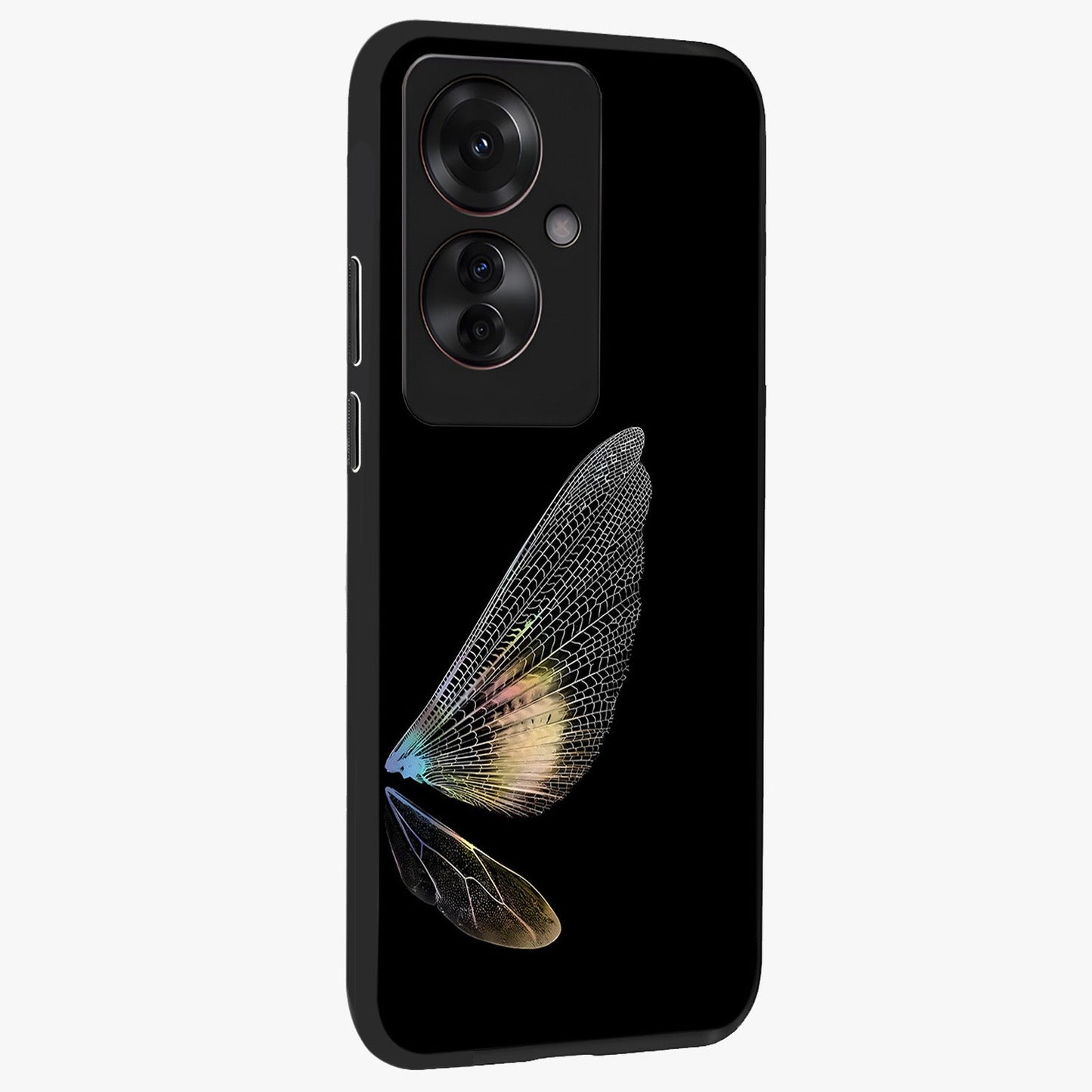 Whispers Of Wings Glass Case upright view showcasing elegant wing artwork with light airy theme.