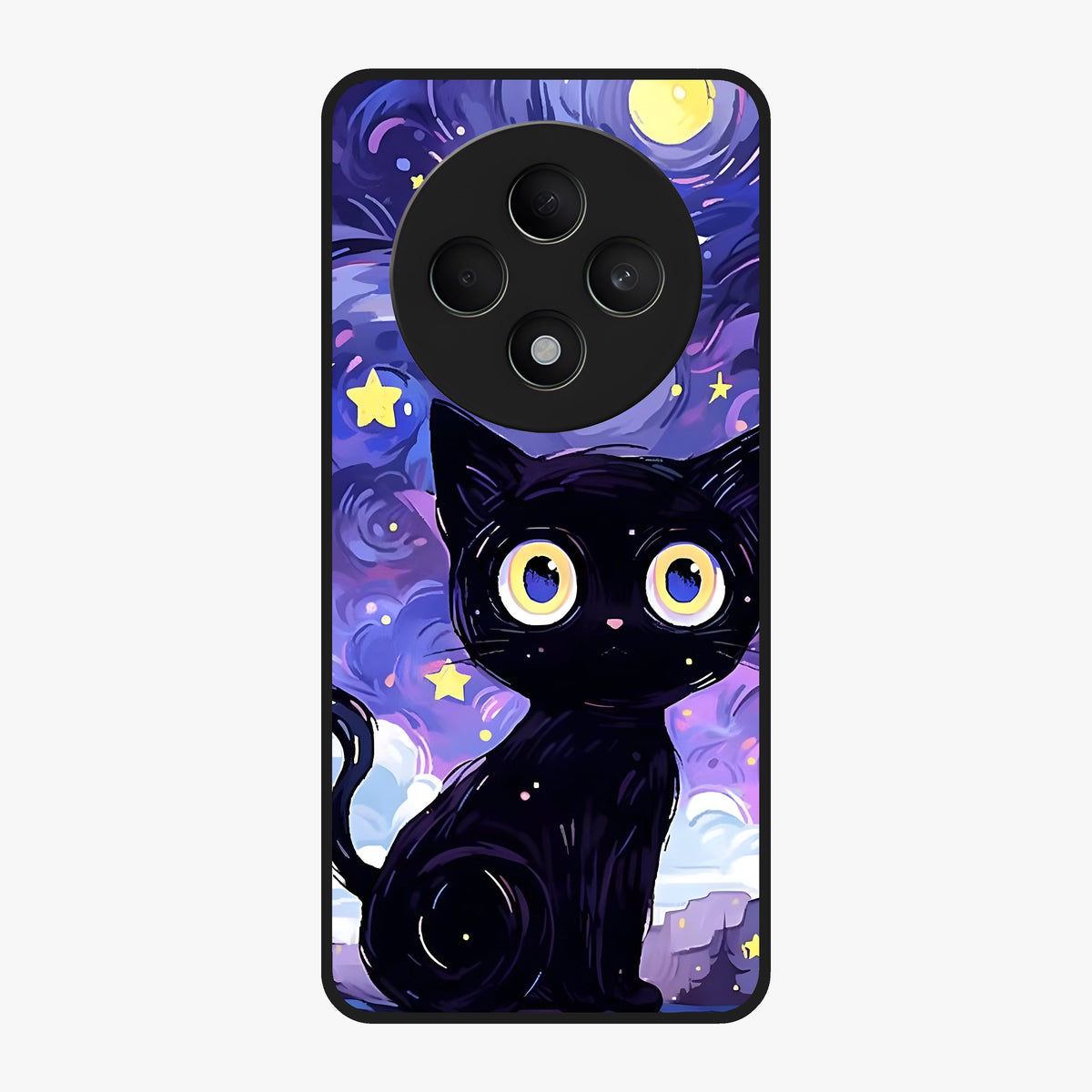 Abstract Cat Art Glass Case showing flat back view with artistic cat illustration and glossy glass finish.