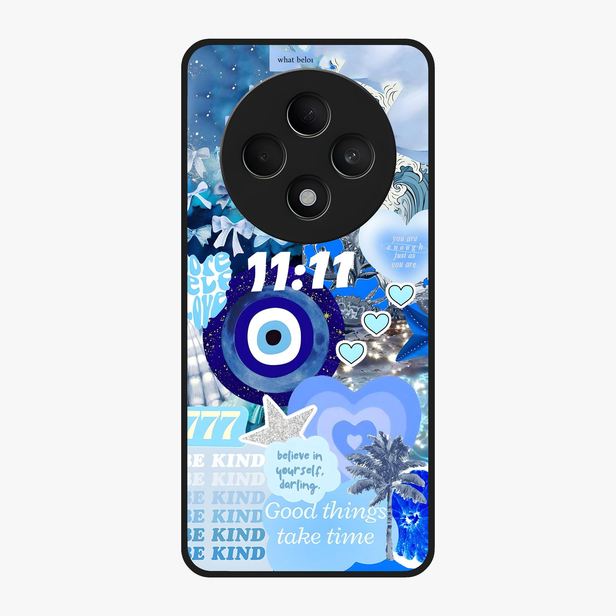 Aesthetic Be Kind Eye Glass Case showing flat back view with motivational eye artwork and glossy glass finish.