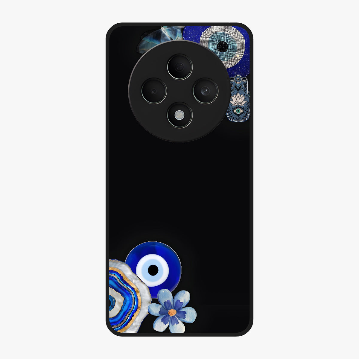 Aesthetic Blue Evil Eye Glass Case showing flat back view with protective evil eye artwork and glossy glass finish.