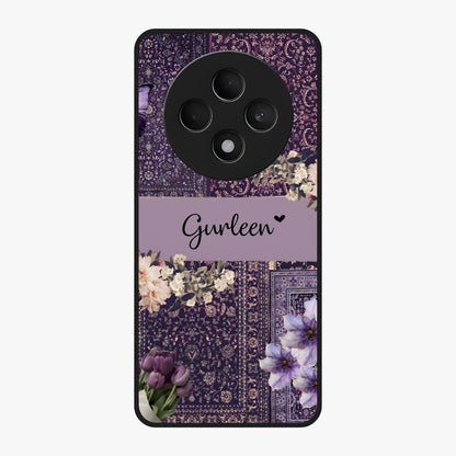 Antique Floral Whisper Custom Name Glass Case showing flat back view with vintage floral artwork and personalized name design.