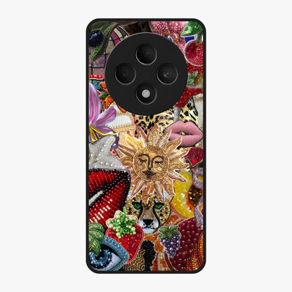 Beaded Fashion Jungle Glass Case showing flat back view with vibrant jungle inspired bead artwork and glossy glass finish.