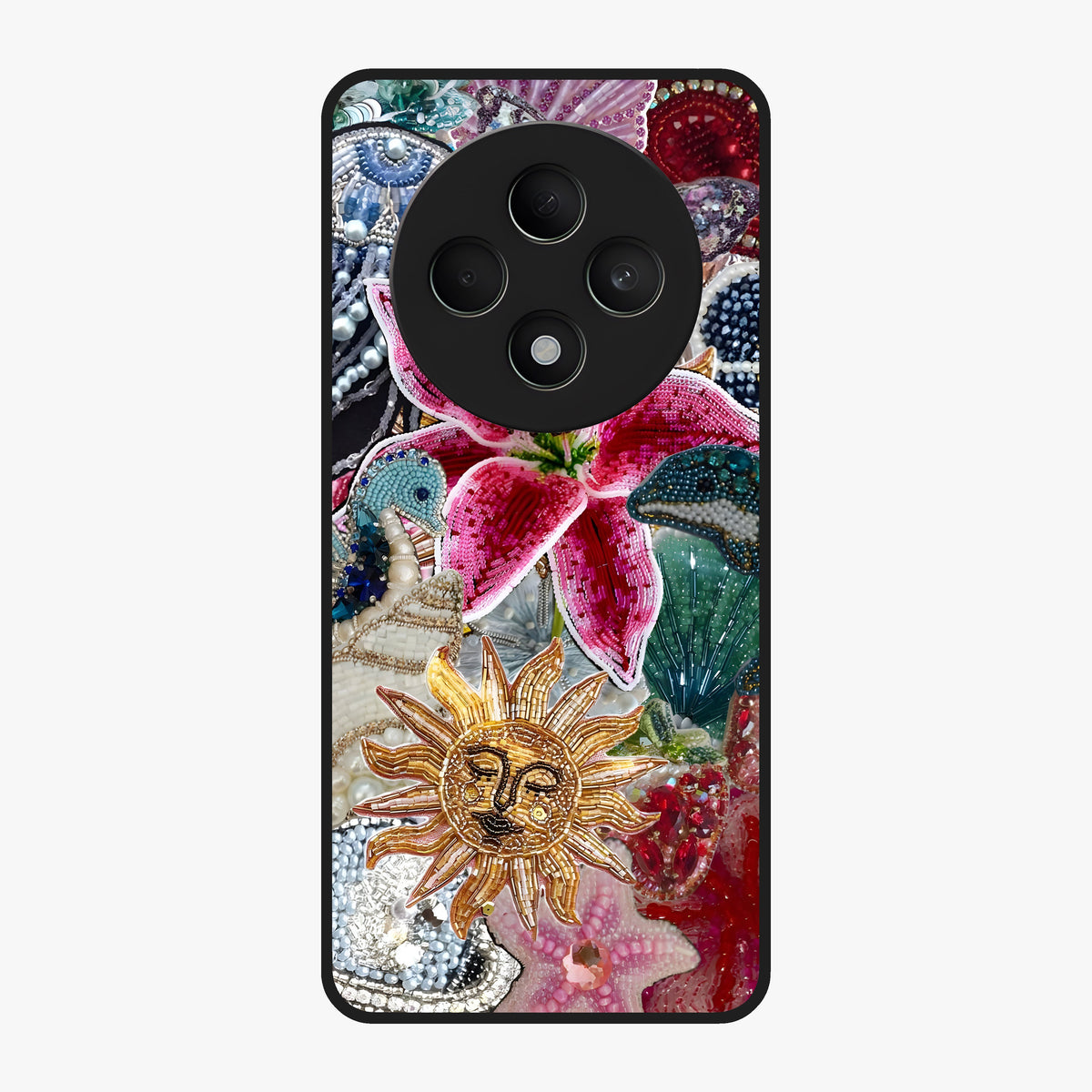 Beaded Garden Fantasy Glass Case showing flat back view with dreamy garden bead artwork and glossy glass finish.
