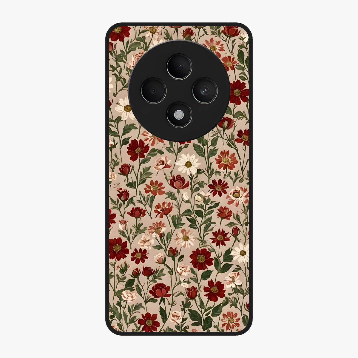 Biege Flower With Leaf Glass Case showing flat back view with soft beige floral artwork and glossy glass finish.