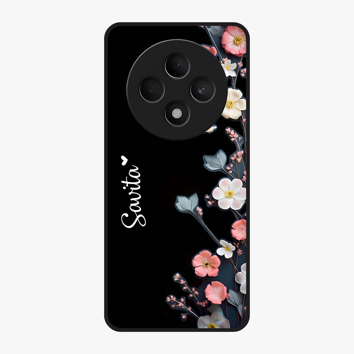 Black Elegance Floral Custom Name Glass Case showing flat back view with elegant floral artwork and personalized name design.