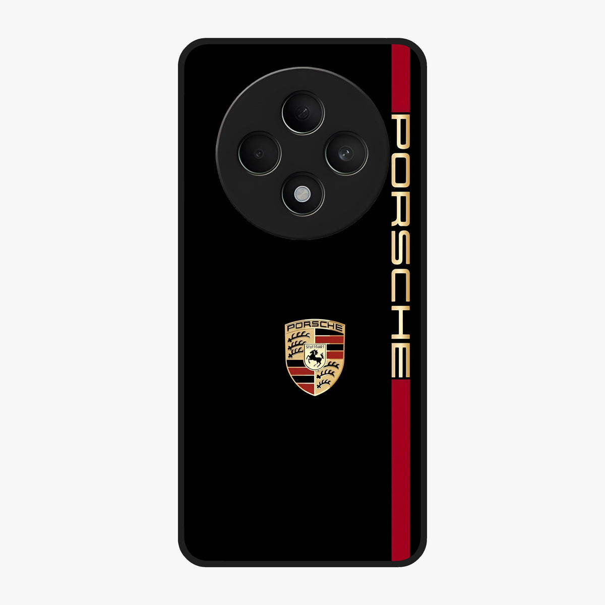 Black Minimal Porsche Glass Case showing flat back view with sleek minimal sports car artwork and glossy glass finish.