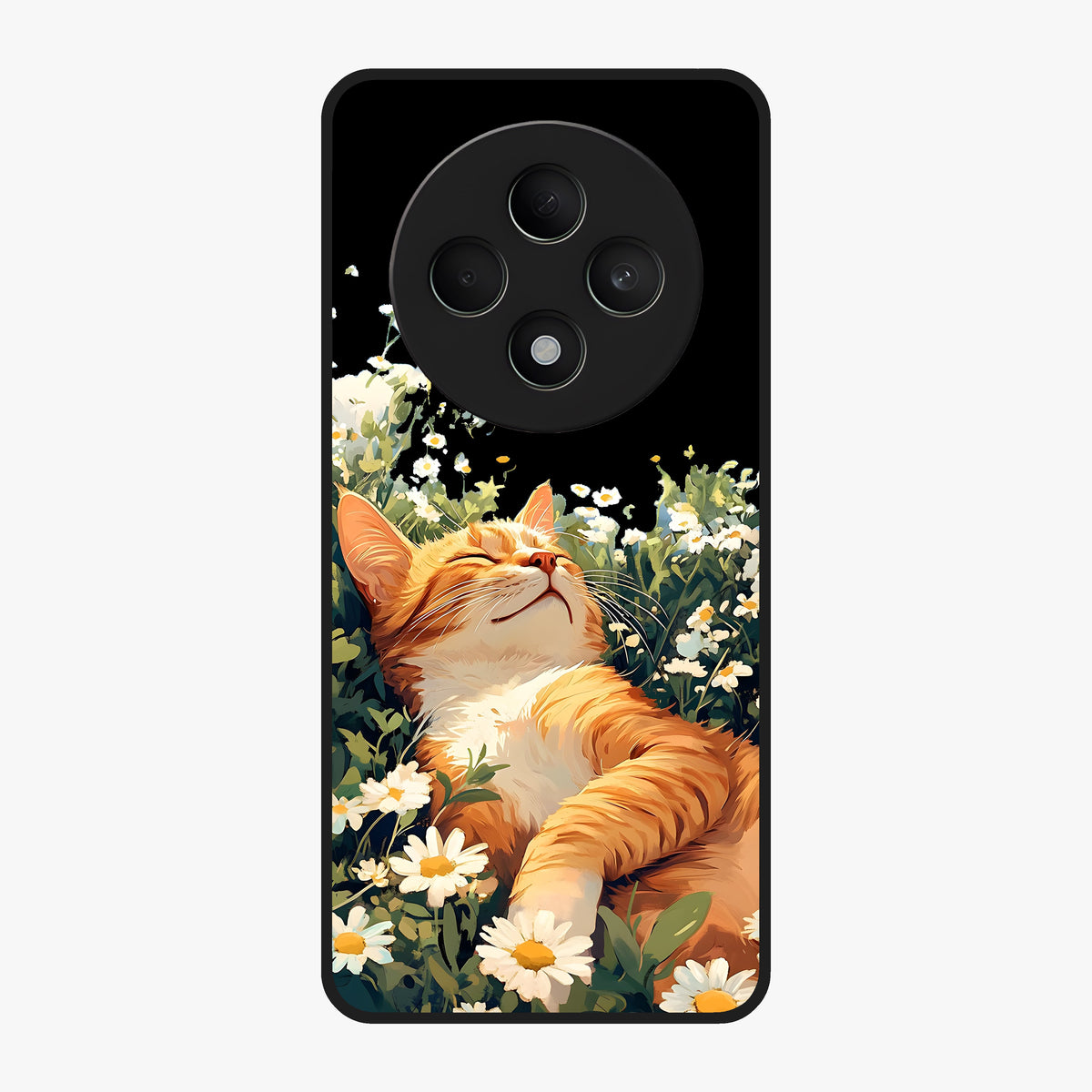 Blissful Bloom Cat Glass Case showing flat back view with cute cat and floral bloom artwork and glossy glass finish.